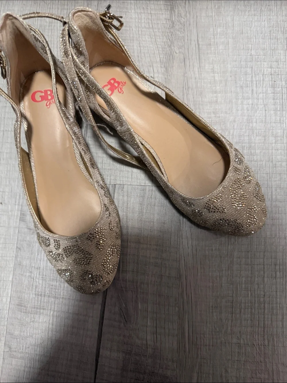 GB Girls Glittery Champagne Leopard Print Ankle-Strap Flats